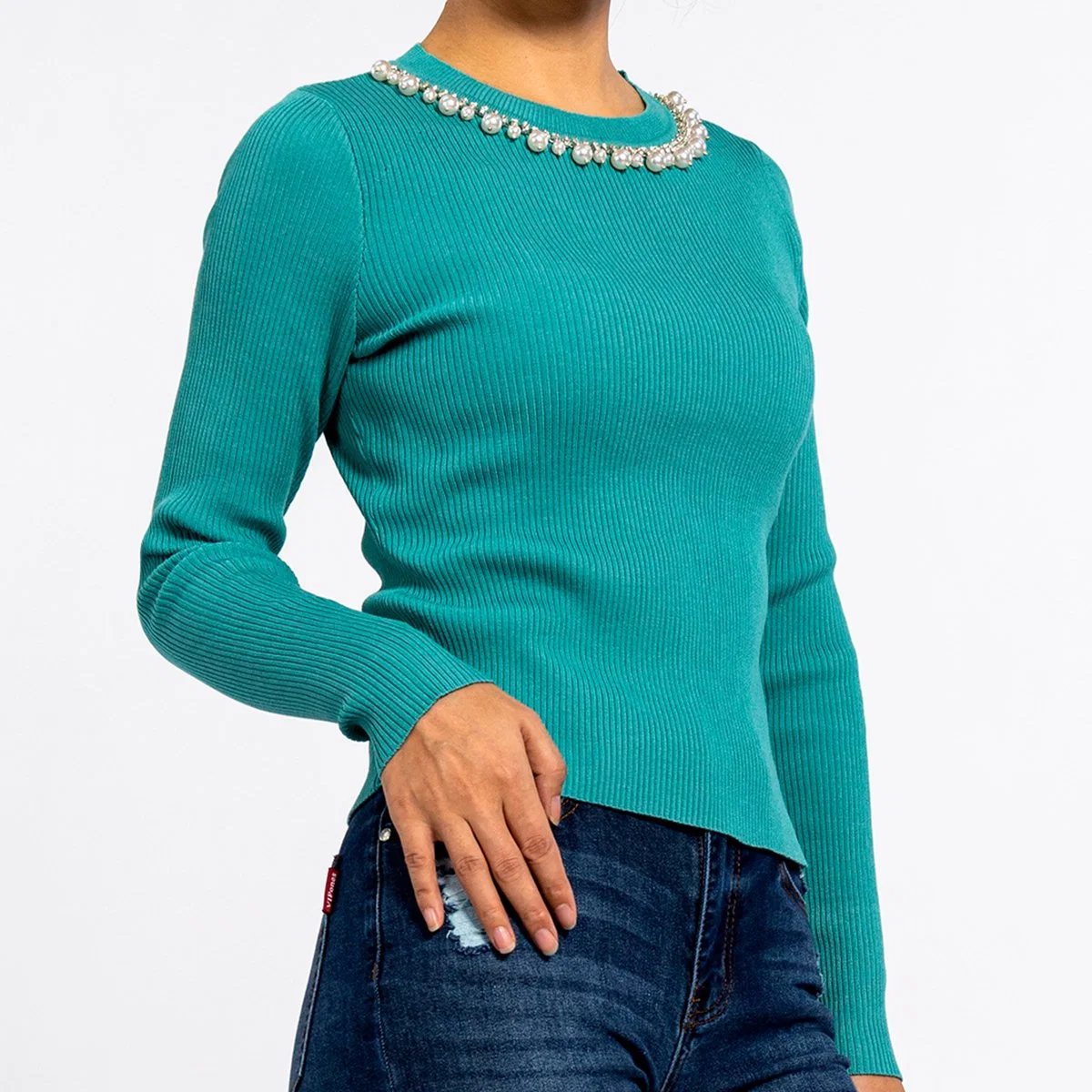 Women's Round Neck Pearl Decorative Collar Bottoming Knit Tops Green Sweater Pullover