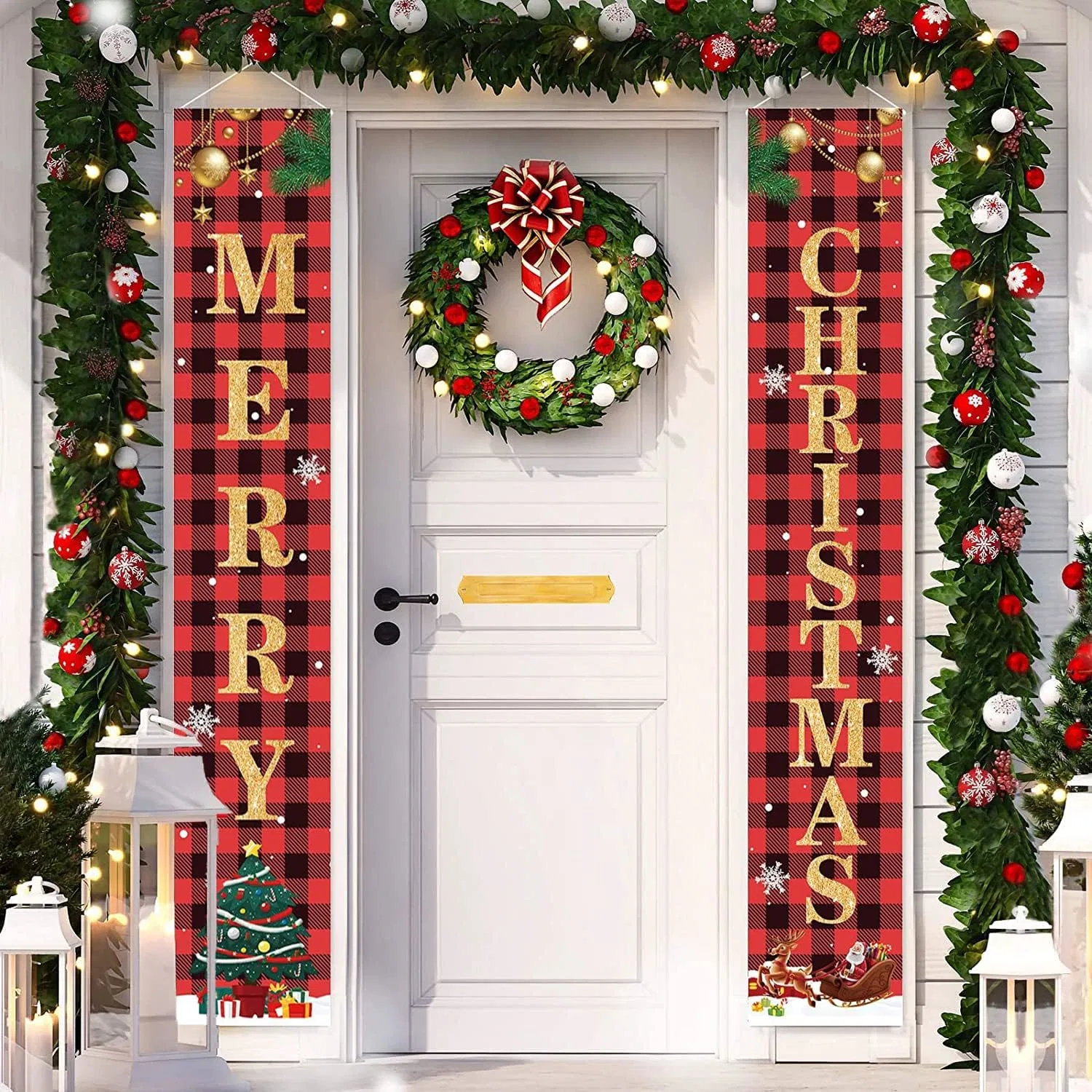 Merry Christmas Hanging Banner Porch Sign with Pattern Christmas Tree Presents Snow Banner for Home Yard Indoor Outdoor Wall Door Party Decorations