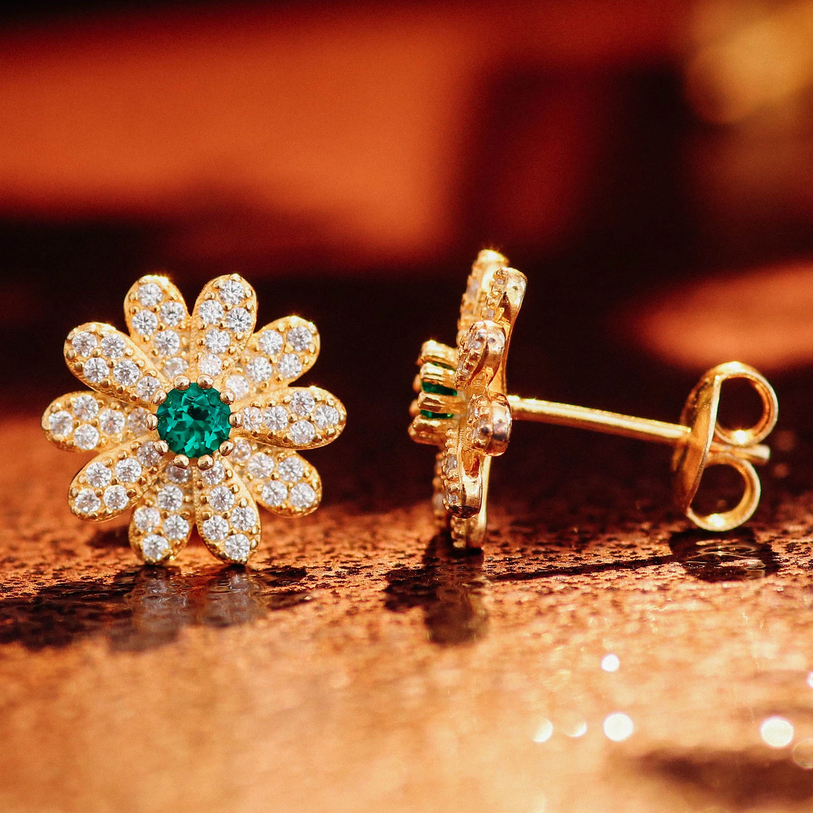 Earring Studs Sun Flower Design Green Emerald Stone with Moissanite Silver 925 Jewelry Earring with Yellow Gold Plated