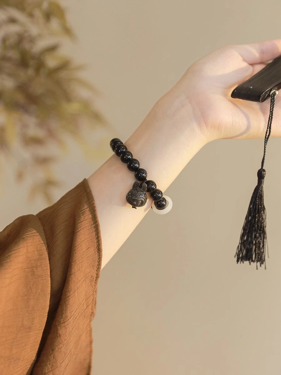 Vintage Black Bracelet Play Obsidian Script Play Buddha Bead Bracelet