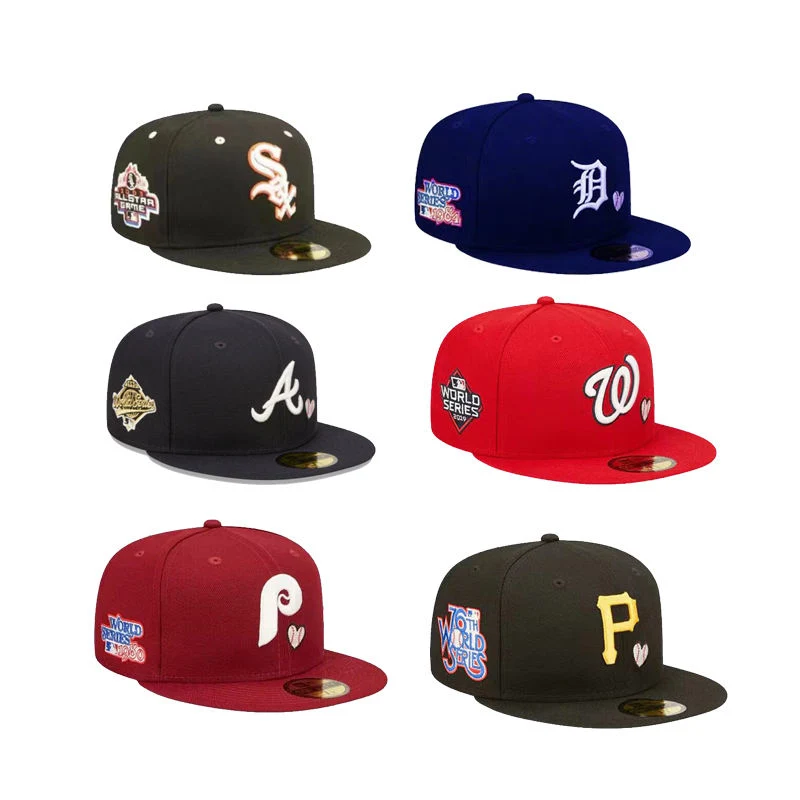 En Stock 3D Embroidery Side Patch Fitted Cap Gorras Flat Sombreros de béisbol americano Brim para el equipo