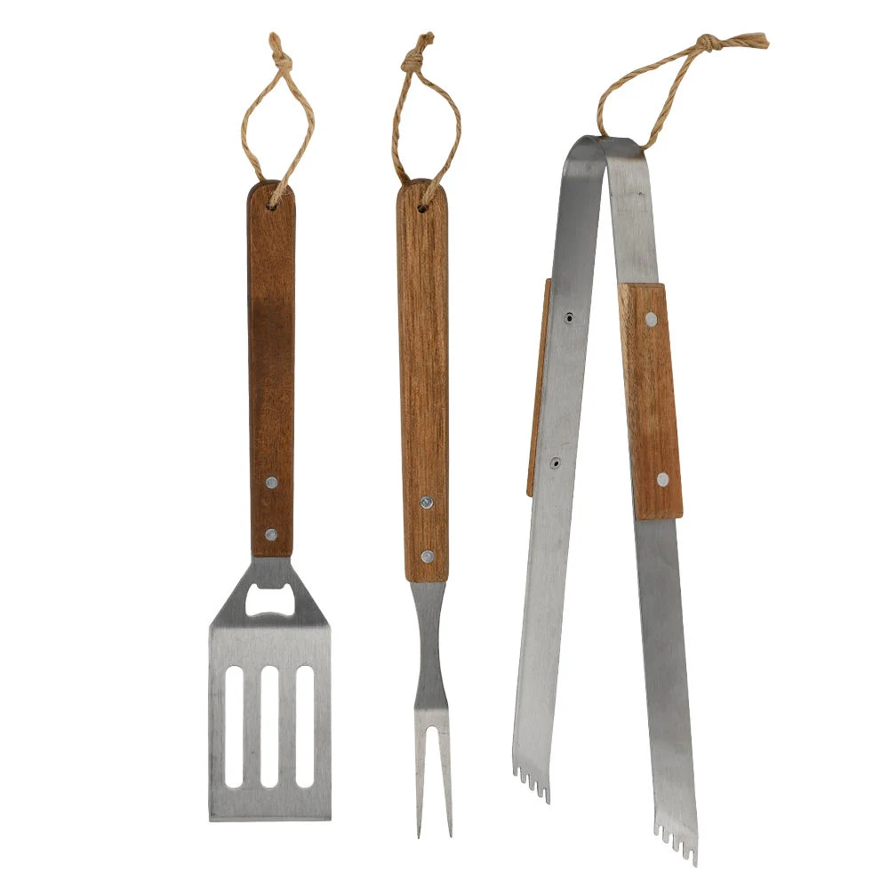 Comercio al por mayor de Material de acero inoxidable mango de madera utensilio de herramientas de pinzas de barbacoa Barbacoa en casa el juego de herramientas