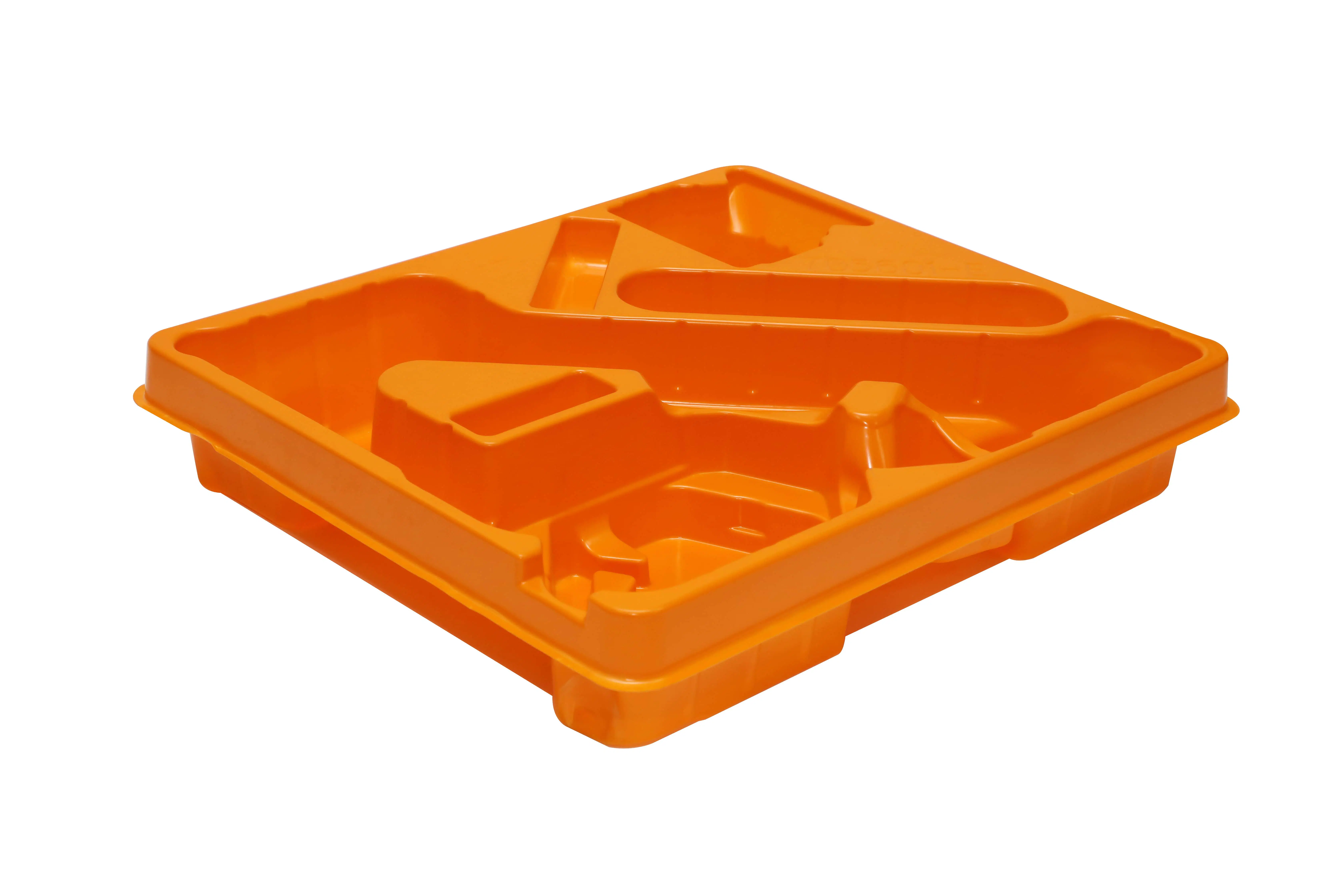 Plateau de thermoformage en plastique orange PS sur mesure pour l'emballage de transport de produits.