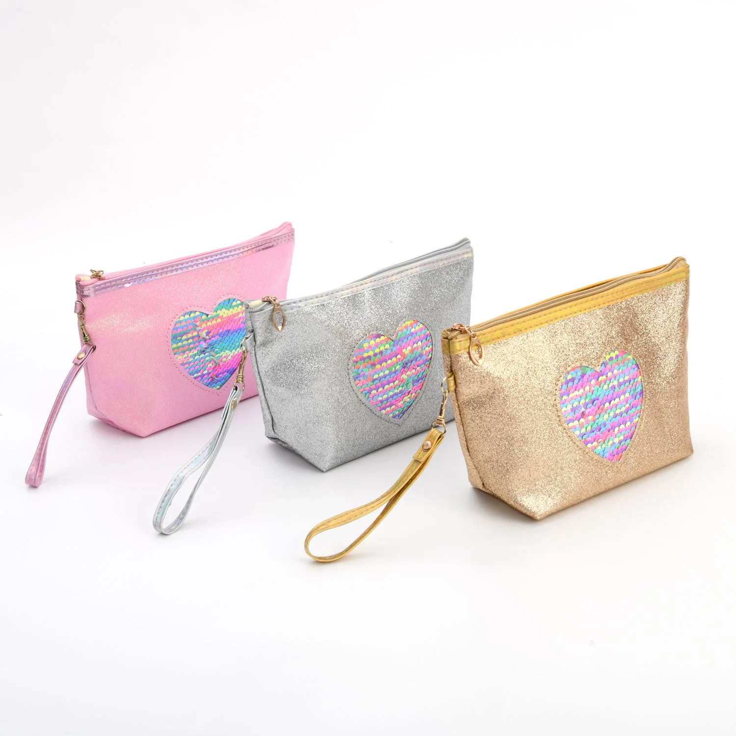 Glitter Sequins Cosmetic Bag with Heart Design Travel Organizer for Woman Shiny Makeup Bag