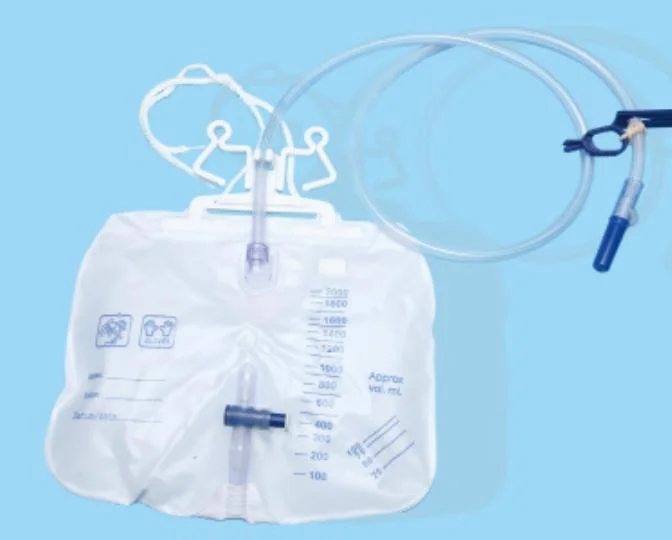 322 Shape, 2000ml Drainage Bag, with 120cm Inlet Tube, with Non Return Valve, Air Vent, Bed Sheet Clamp, Needleless Sampling Port, T-Tap Bottom Draining.