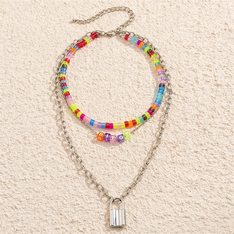 Explosive Bohemia Ins Fashion Women&prime; S Jewelry Beaded Necklace Colorful Acrylic Rice Bead Multi-Layer Silver Lock Pendant Fashion Jewellery Necklace