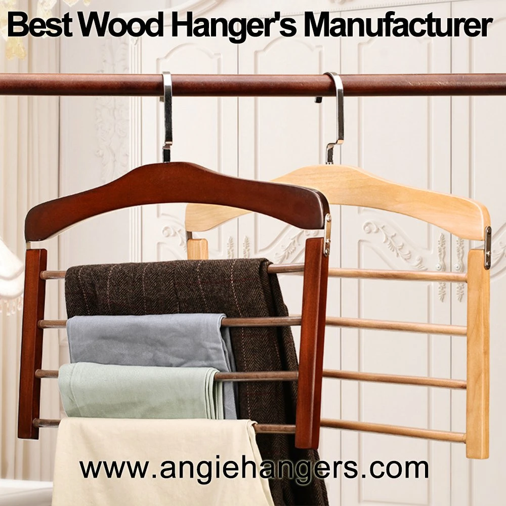 Wooden Pants Hangers with Trousers Bars and Non-Slip Clips for Bottom Clothes of 4/5 Layers