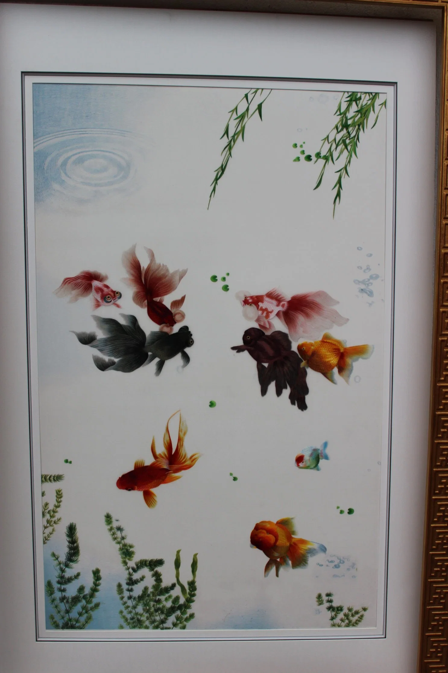 Hanging Painting, Lilac Flowers, Goldern Fish, Pure Handmade Embroidery Product, Decoration Collection