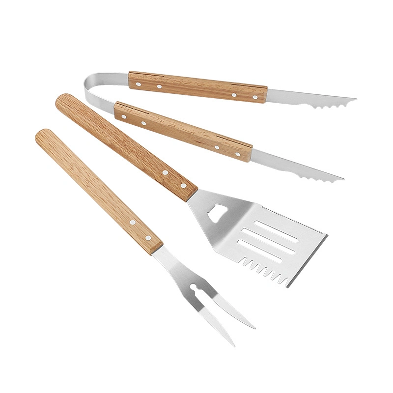 Barbecue en acier inoxydable 430 outils Set de 3 y compris la fourchette Turner Tong avec manche en bois pour le gril