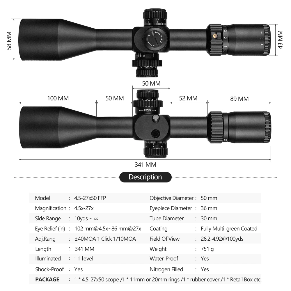 Spina Optics 4.5-27X50 Ffp Hunting Riflescopes First Focal Plane Scopes Tactical Scope with Glass Reticle