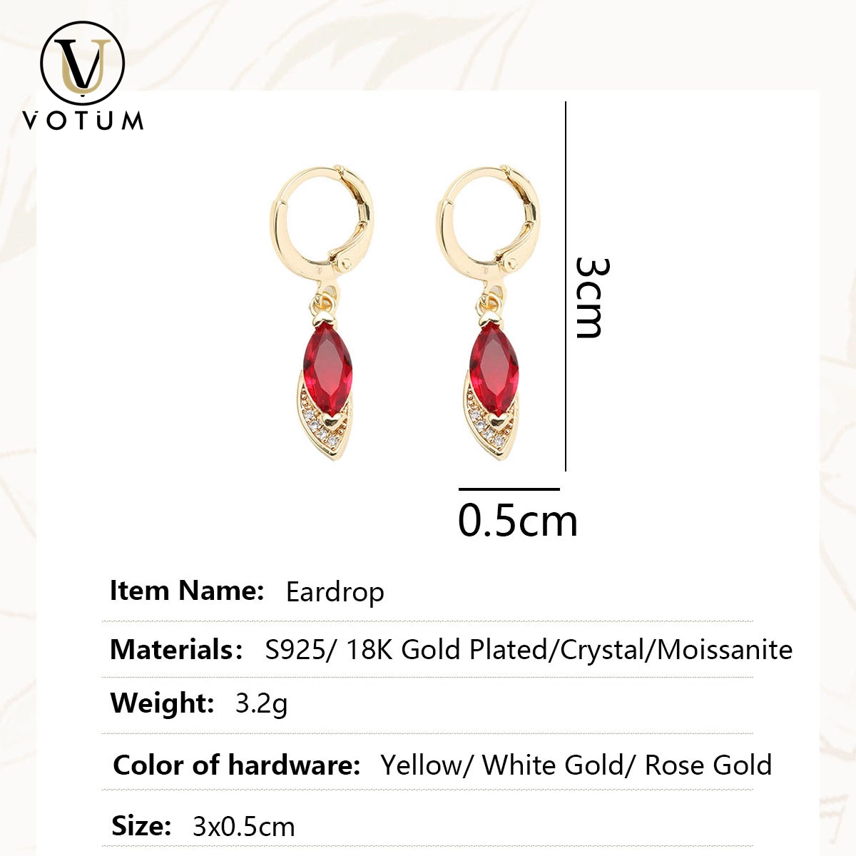 Votum Factory Customize S925 Sterling Silver Natural Crystal Dangle Earring with Diamonds Gold Plated Jewelry