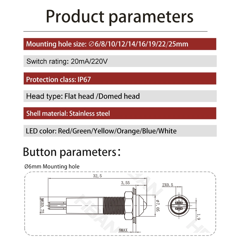 Hban 6mm DOT LED 12V 2pins Red IP65 Metal Waterproof LED Indicator IP67, Ik08 for Medical Equipment