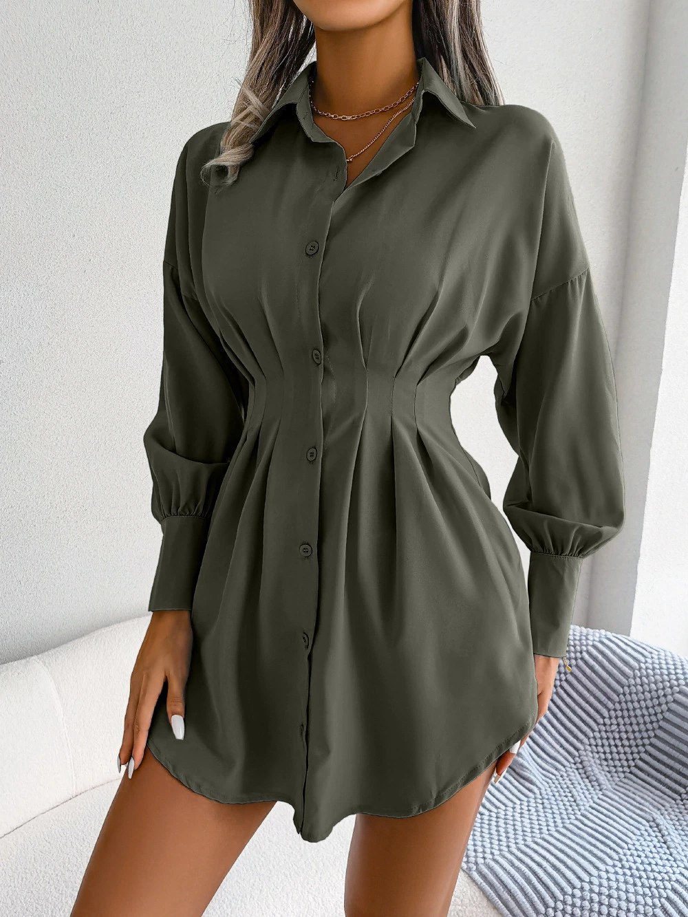 Ins Style Real Shot Autumn and Winter Casual Lantern Sleeve Tucked Waist Asymmetrical Dress Shirt Skirt Amazon Cross-Border Women's Wear