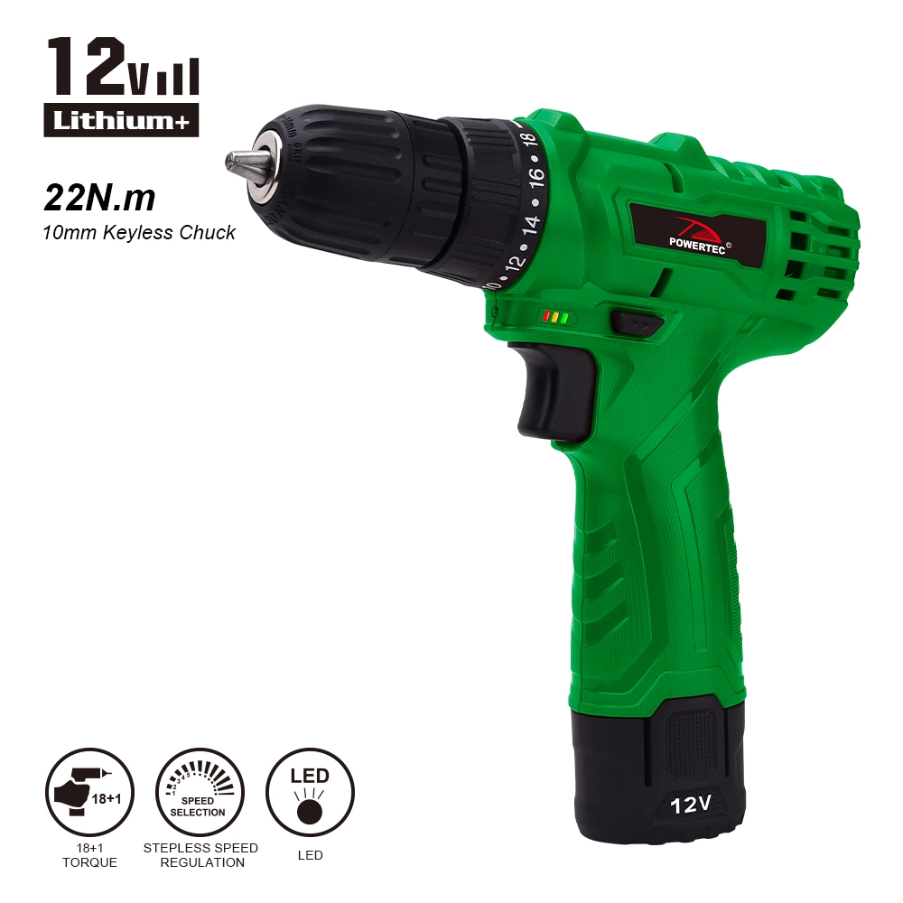 Powertec Li-ion 10mm Hot Sale Cordless 12V Drill with 18+1 Torque