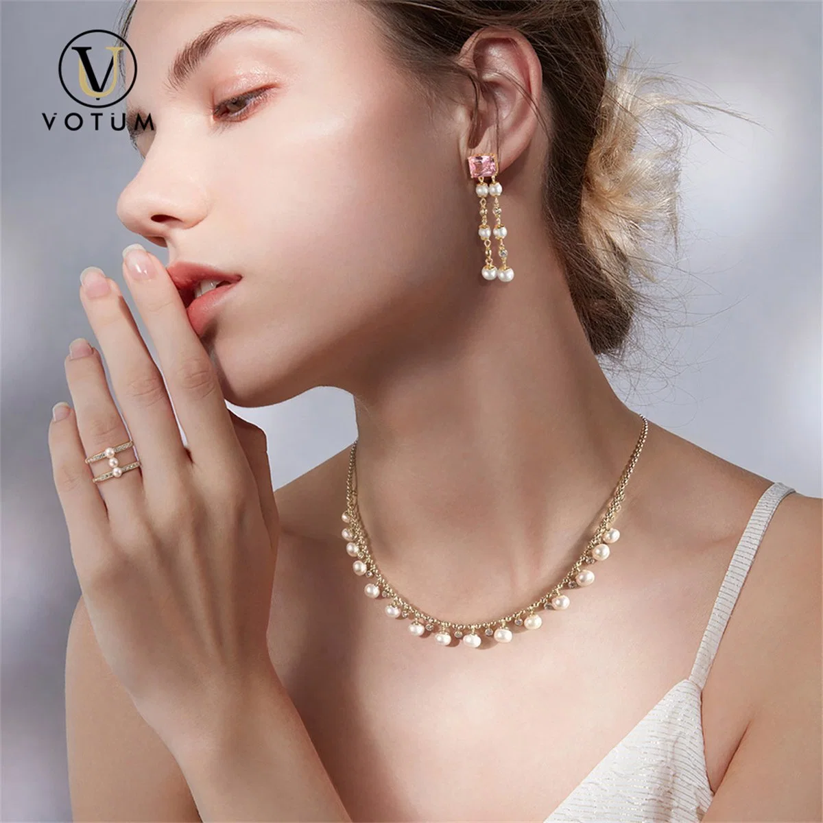 Votum OEM 925 Sterling Silver Gold Plated Chinese Freshwater Pearl Cubic Zirconia Necklace Jewelry