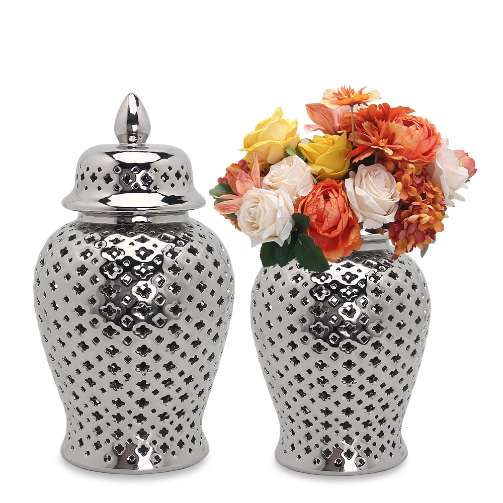 J155S Luxury Interior Hogar Decoration Silver Ceramic Vase Sets Porcelain Hollow out Ginger Jar