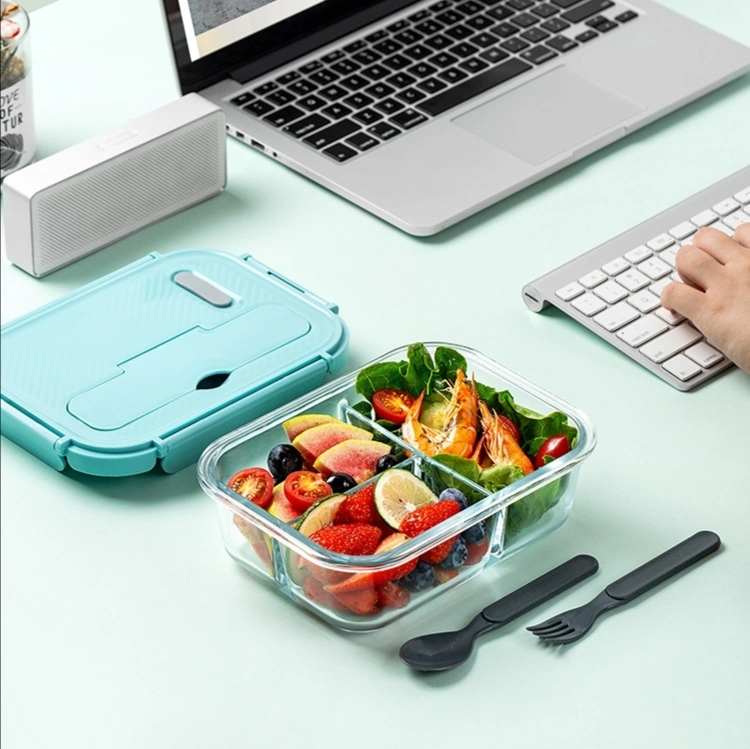 1060ml Glass Bento Lunch Box Microwave Safe Colored Glass Meal Organize Container with Cutlery Bag for Kids Adult