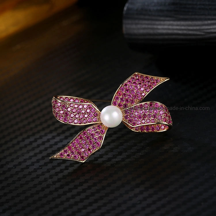 Bisutería 925 Joyería de Plata o latón Bowknot Brooch Pearl Brooch Cubic Zircon broches para la Mujer