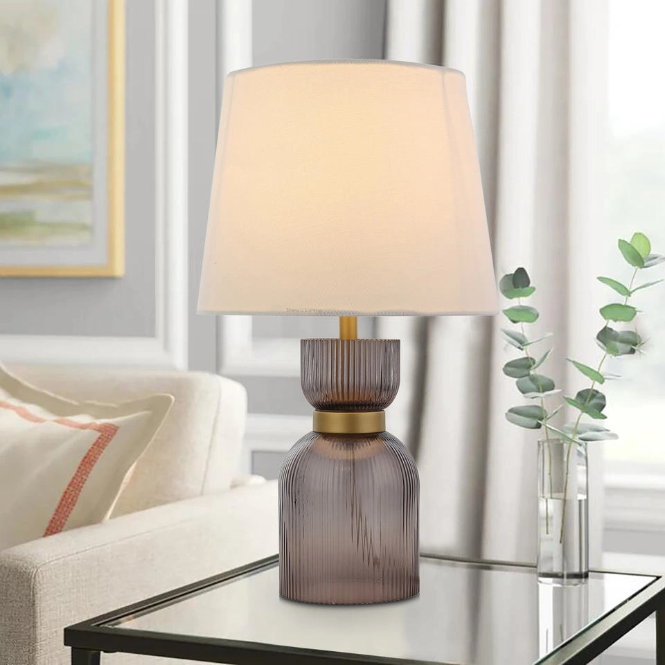 Retro Decoration Table Lamp with Gold Metal Purple Glass Lamp Body and White Fabric Lamp Shade for Living Room