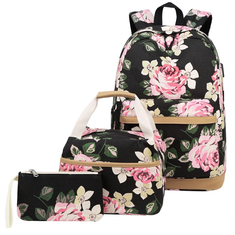 Custom Printed USB Computer Laptop Backpack Student Nylon Three Piece Set School Bag