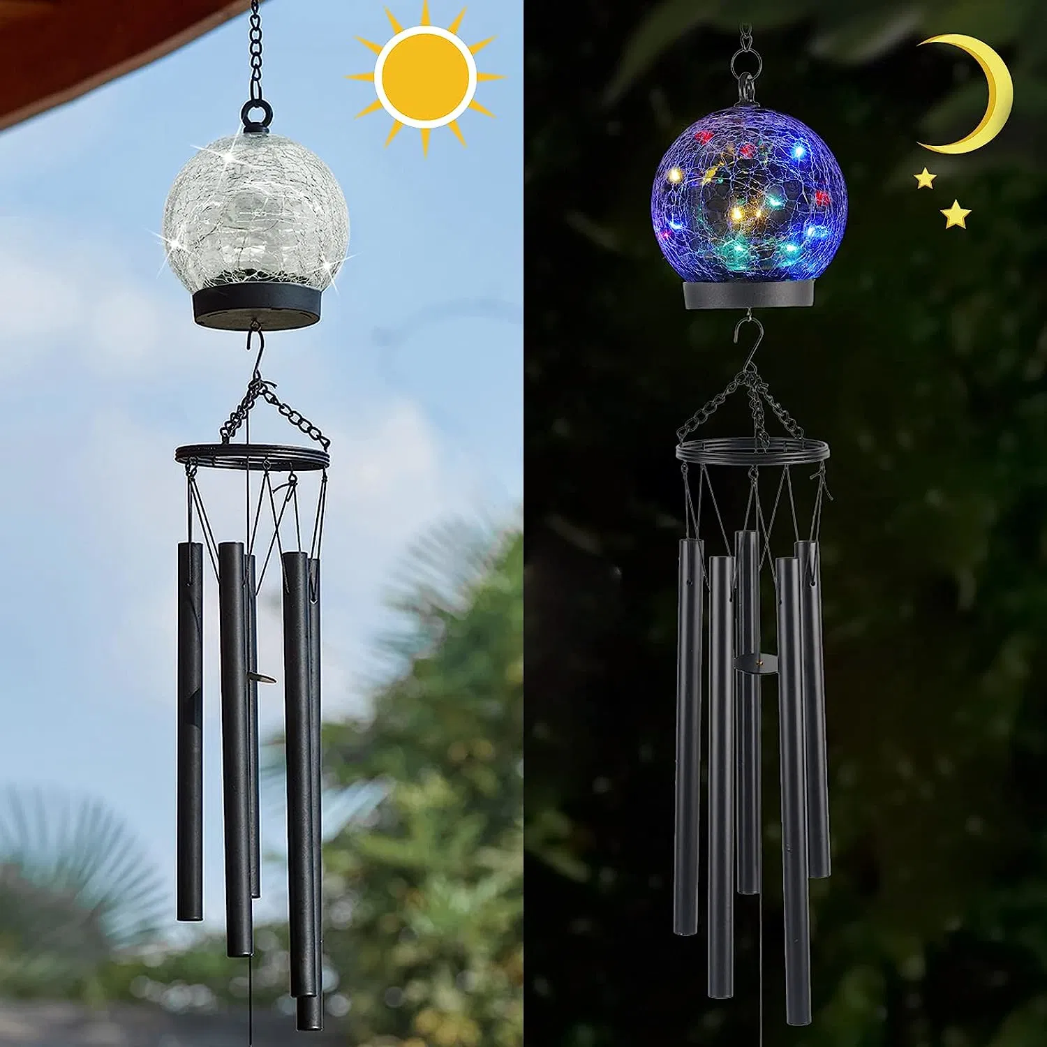 Wind Chimes Luzes Solares Exteriores, 42 Polegadas Grande Sino de Simpatia 15 LED Piscando Bola de Vidro Rachado Multicolorida Presentes de Aniversário para Mulheres Decorativo Pendurado no Jardim.