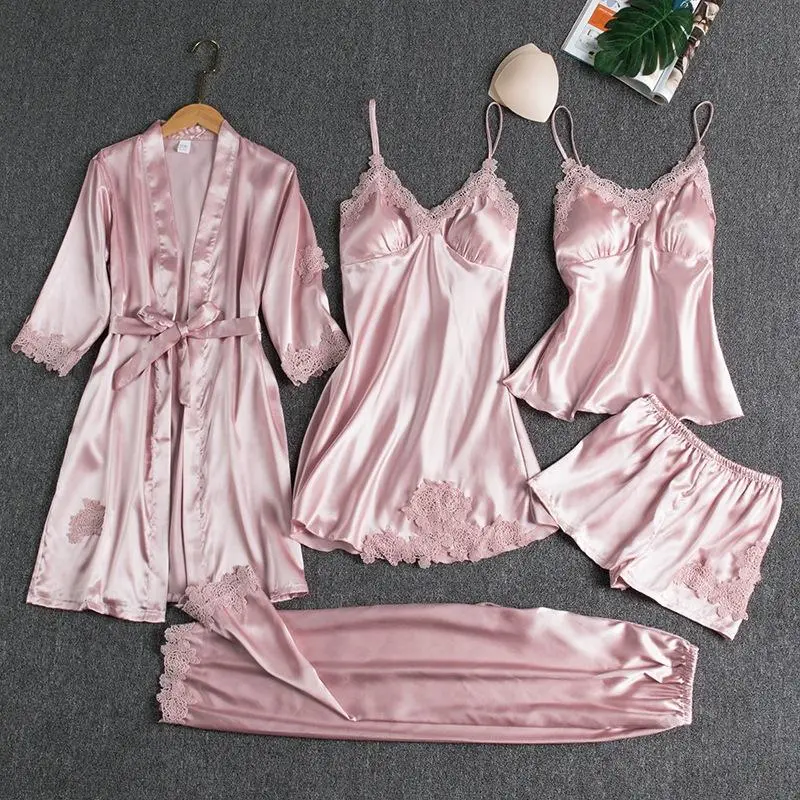 Hot Sale High Quality Custom Solid Pyjamas Set Ladies Satin Silk Like Sleepwear Robe Set for Women Robe Fille 5 PCS Set