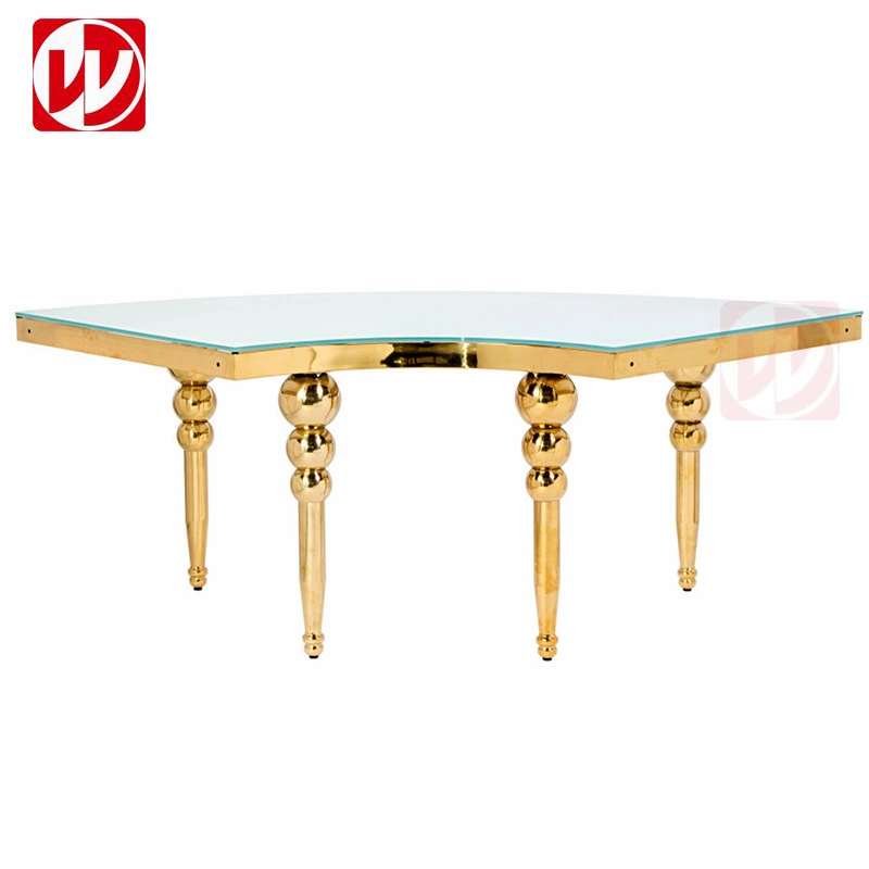 Mesa Redonda de 340 cm Luxury Wedding Serpentine espelho de vidro dourado Mesa de restaurante para banquetes Half-Moon em aço inoxidável brilhante para festas