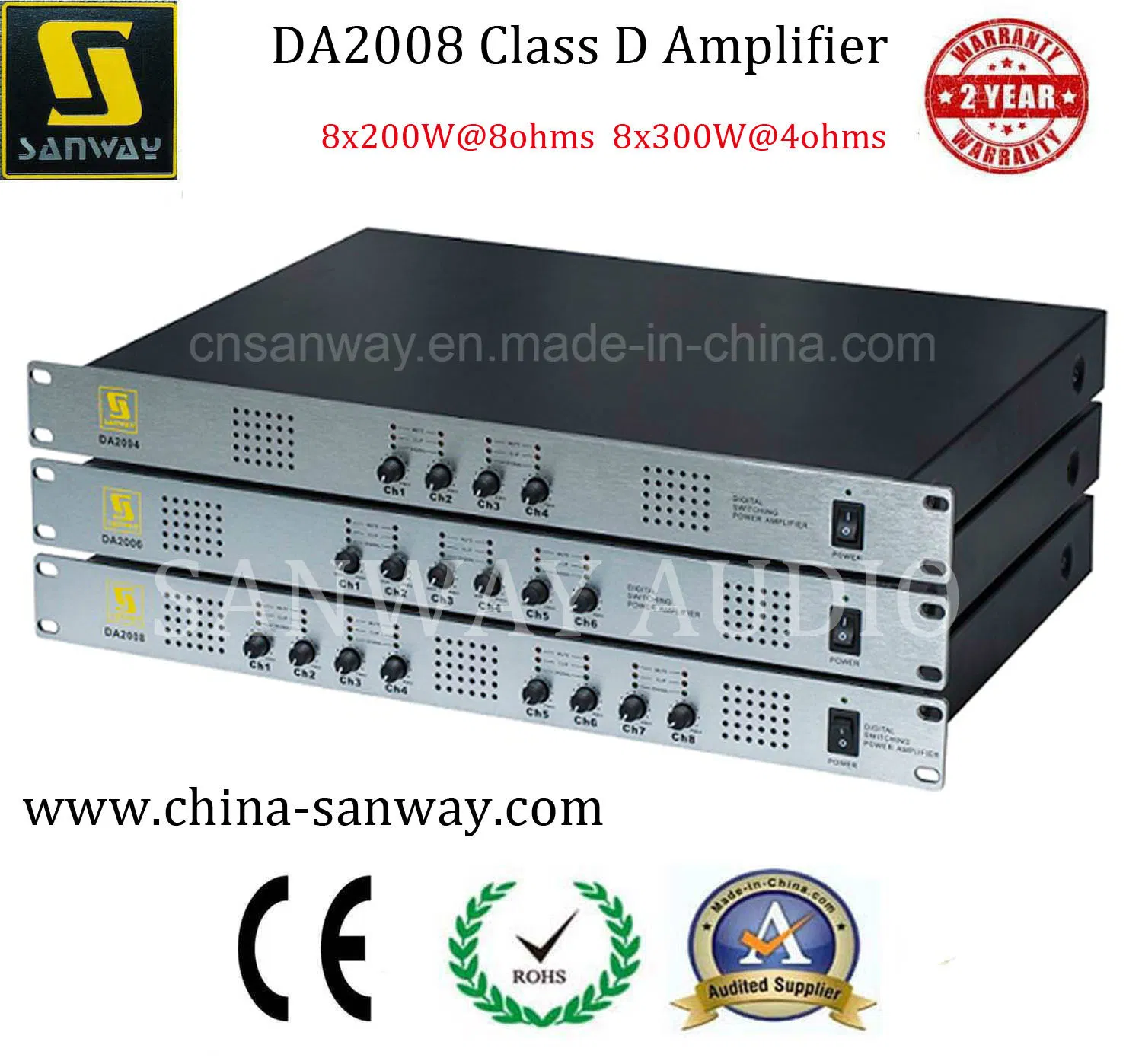 1u 8 Channel 300W 4 Ohms Class D High End Audio Amplifier