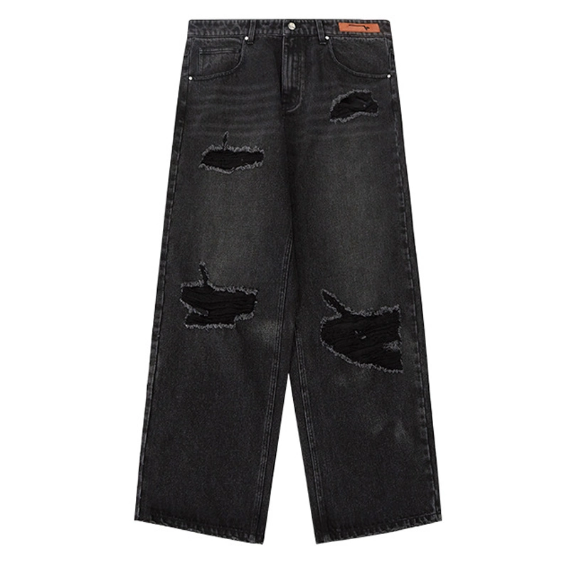 La moda casual Jeans negro envejecido 75%25%Algodón Spandex hombres verano arrancó el agujero roto la pierna pantalones vaqueros sueltos amplia de prendas de vestir pantalones vaqueros algodón de los hombres