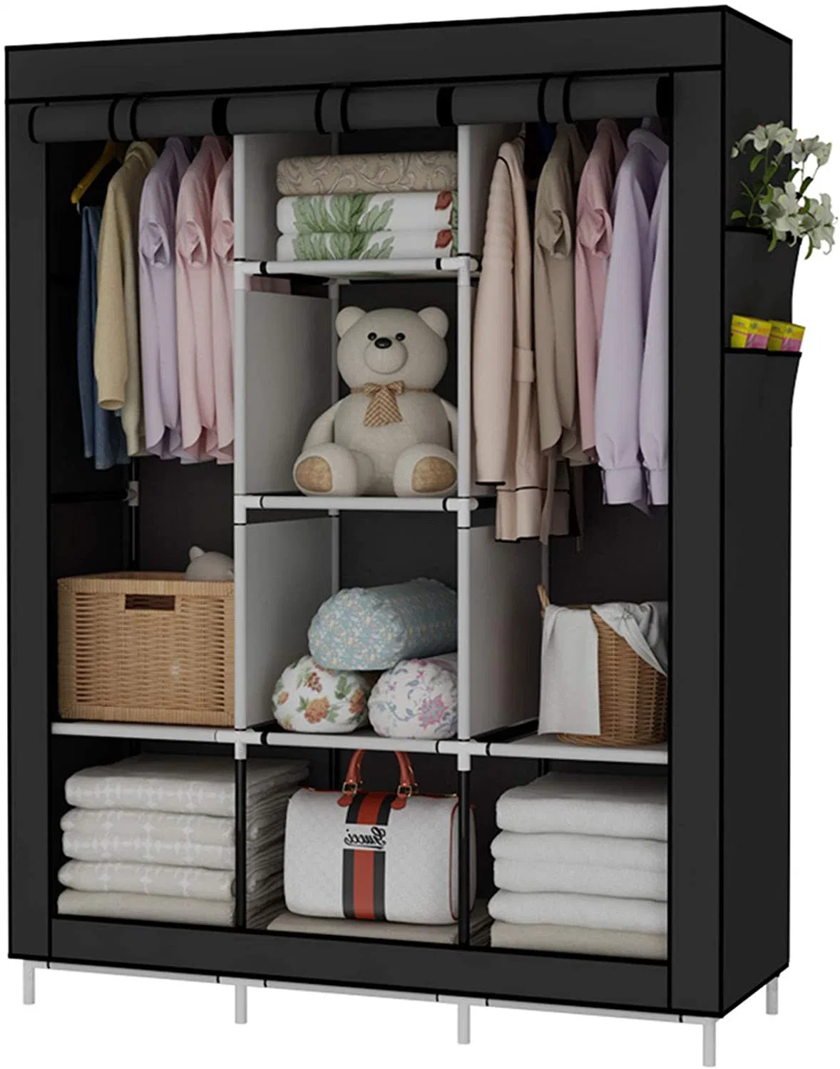 Portable Clothes Organizer Rolling Door Wardrobe Non-Woven Storage Rack for Bedroom Home Furniture