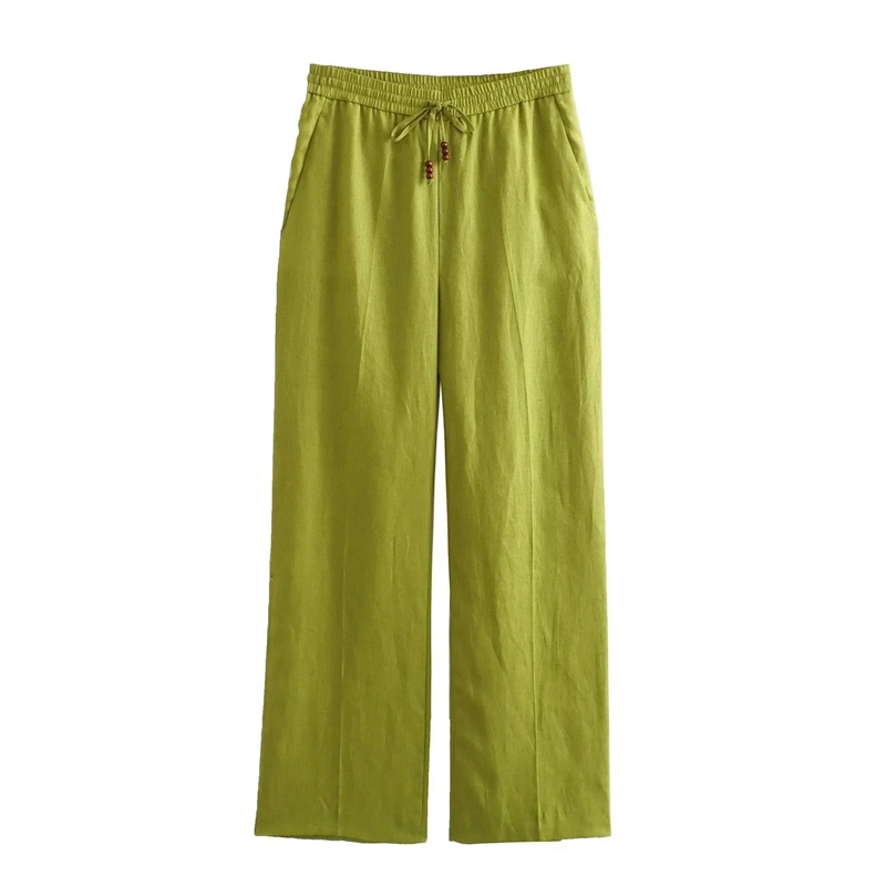 2023 Autumn New Pajama Style Linen High Waist Trousers Olive Green Elastic Waist Beaded Casual Pants