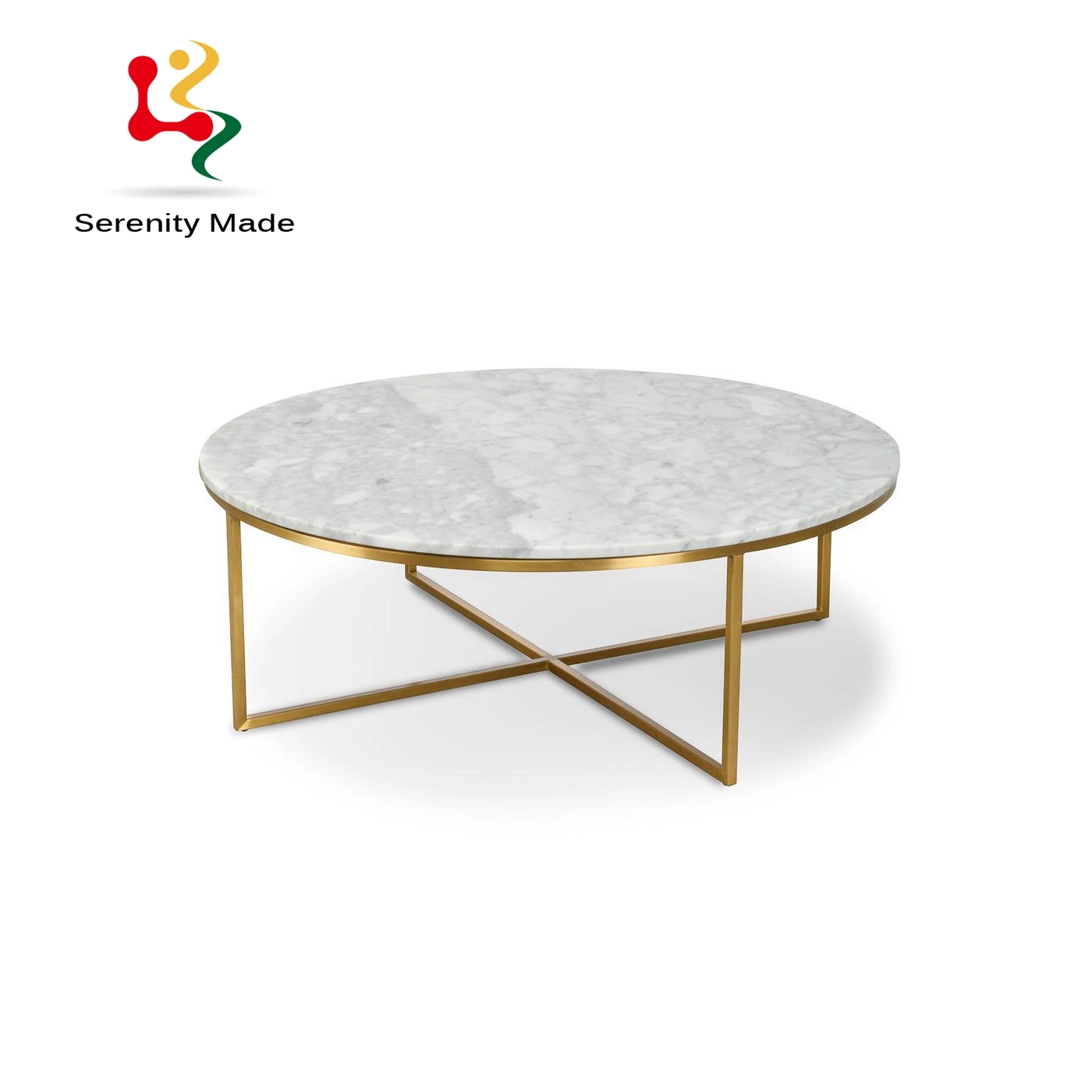 Living Room Furniture Round Marble Top Metal X-Base Coffee Table