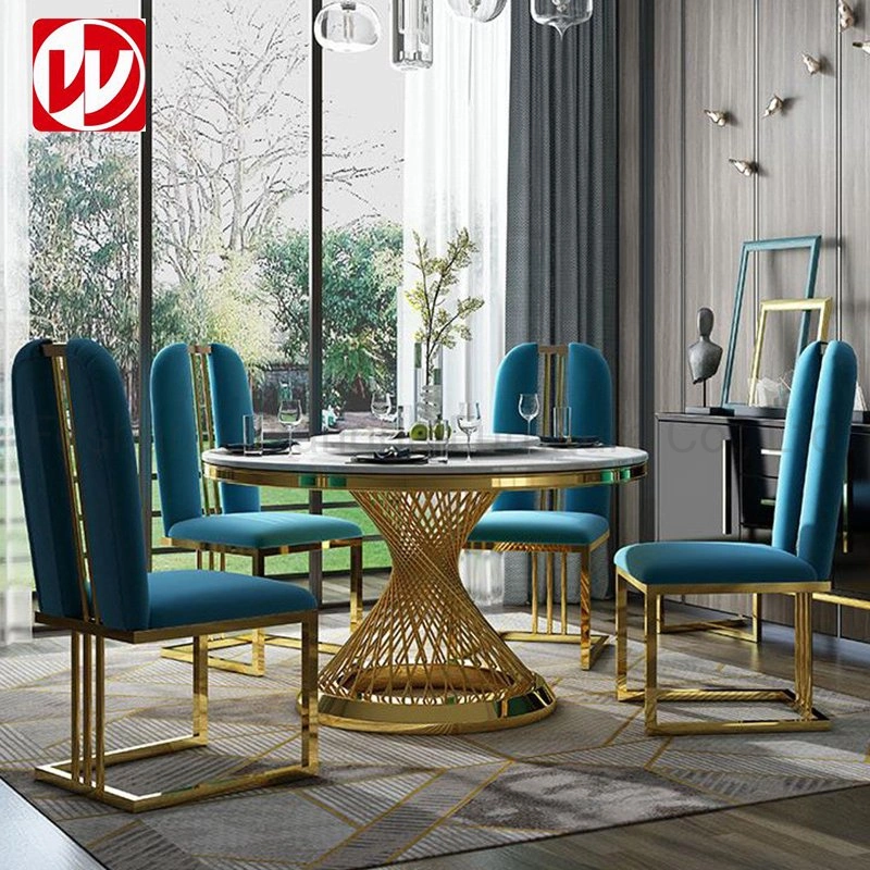 Diseño moderno, Muebles de Comedor mesa de comedor de mármol con sillas para banquetes de acero inoxidable Oro