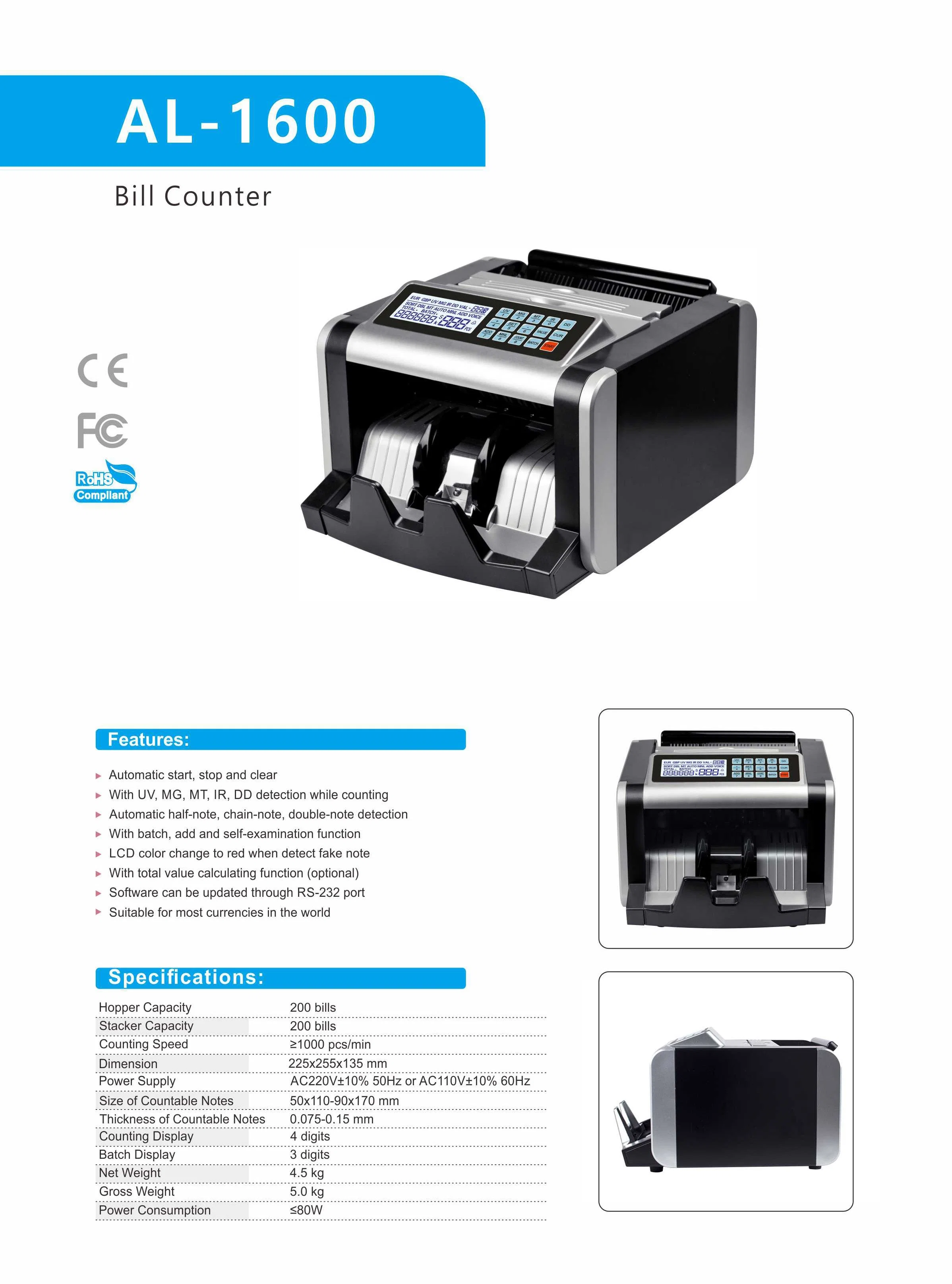 Al-1600 Fake Bill Cash Banknote Counter Money Counting Machine Multi Currency