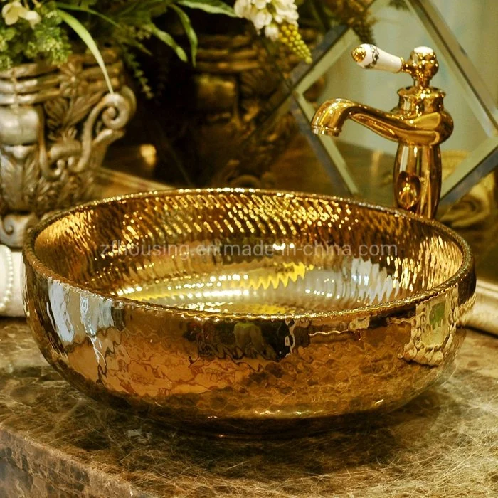 Cor de ouro de cerâmica pintada à mão Lavatório pia do banheiro banheiro pia de cobre