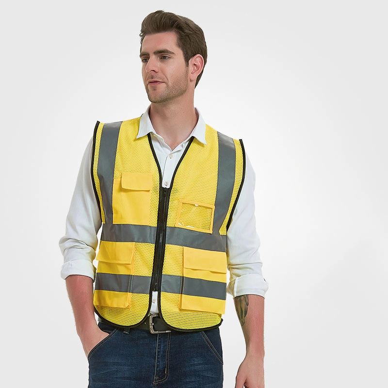 High Quality Reflective Safety Vest Mesh Material Breathable Multi-Pocket Zipper Sleeveless Vest