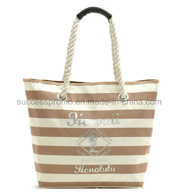 Custom Leisure Striped Canvas Beach Bag with Cotton Rope