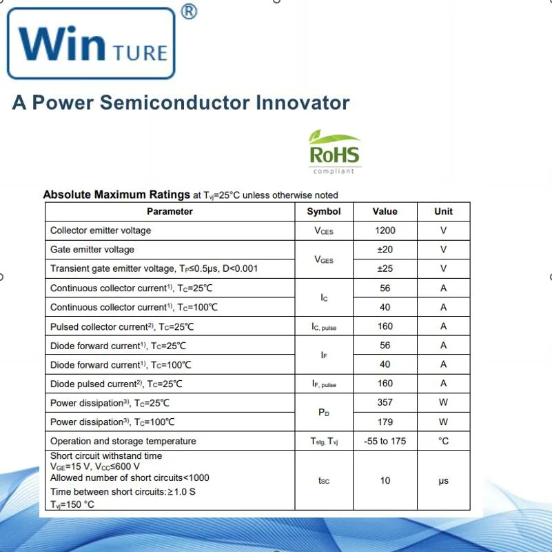 Excellent Conduction and Switching Loss 10&micro; S Short-Circuit Tolerance 1200V 40A Frd Built-in Ost40n120hmf to-247n Field Stop Trench IGBT