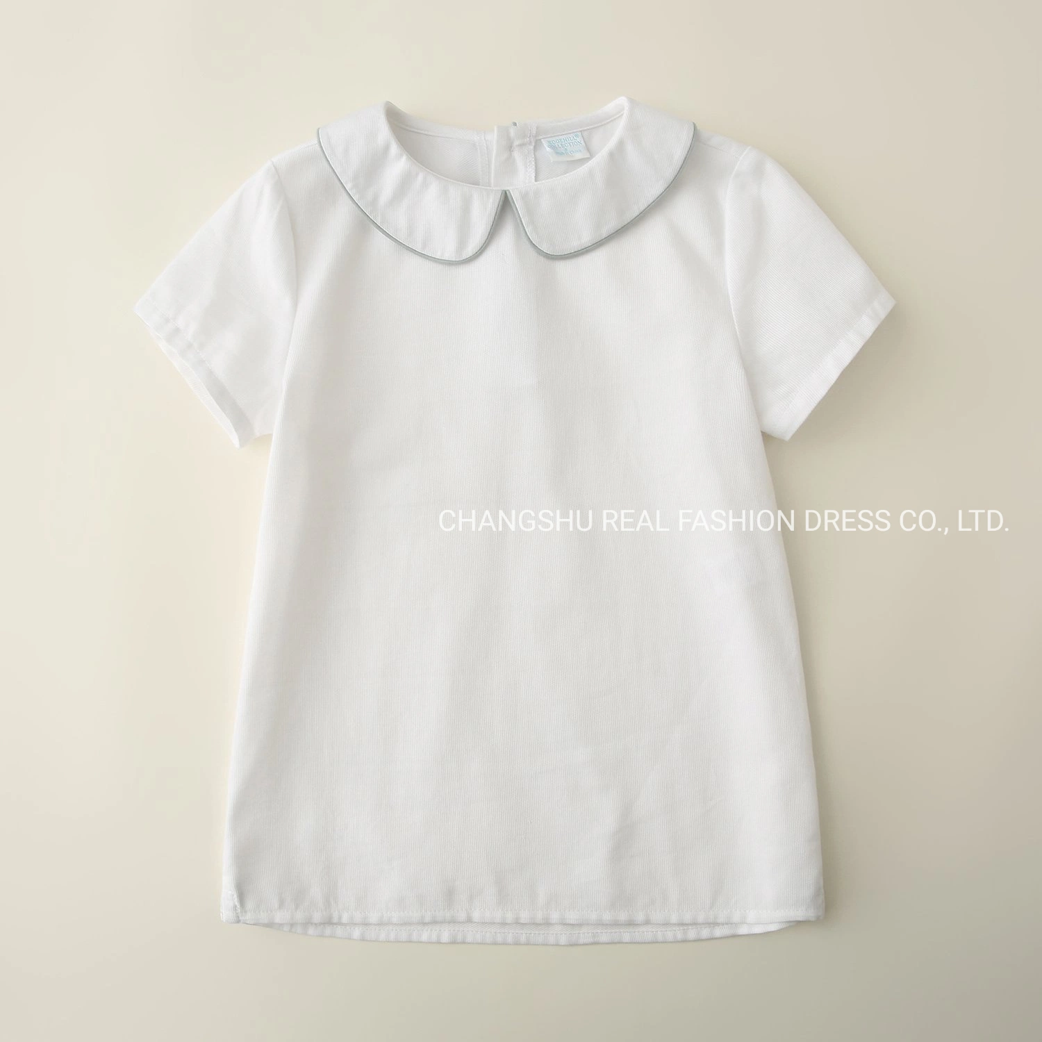 Children Clothes Boy Kids Woven White T Shirt Wear with Green Piping Collar