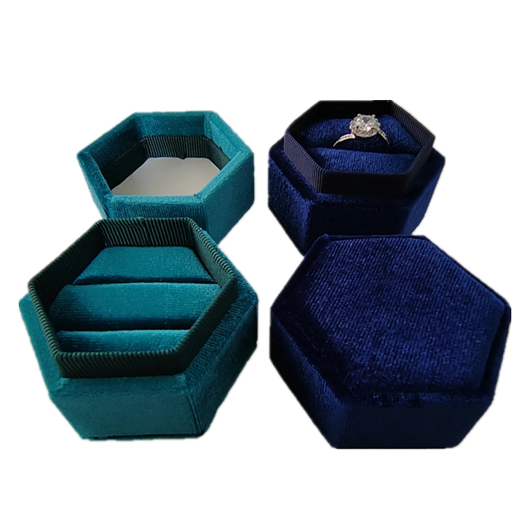 Double Rings Smooth Silk Velvet Dark Blue Custom Jewelry Box in Stock