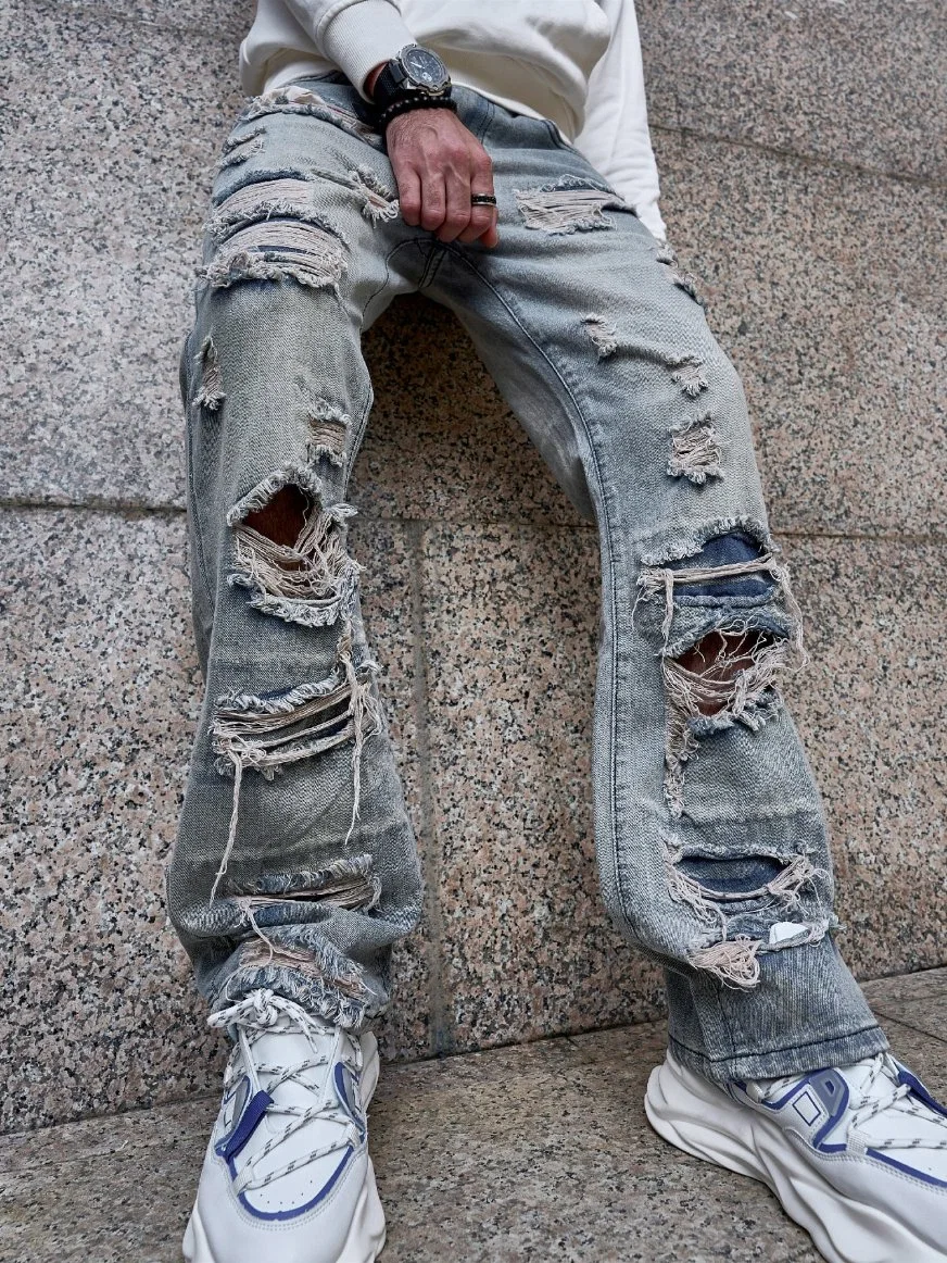 Wholesale/Supplier Fashion Casual Denim Jeans Men Ripped Light Blue Jean