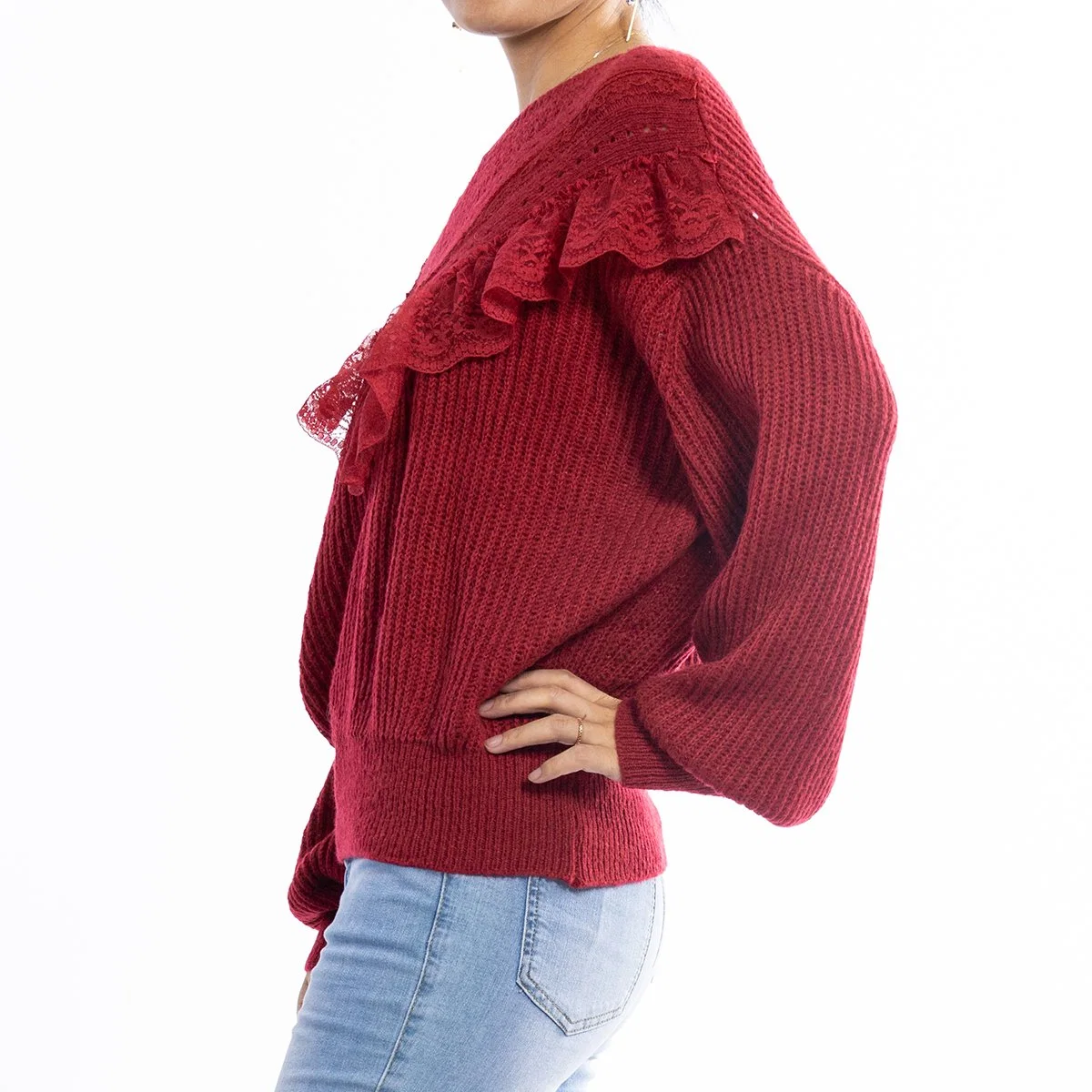 Custom Round Neck Red Gardigan Knit Ribbed Hem Floral Lace Women Pullover Sweater