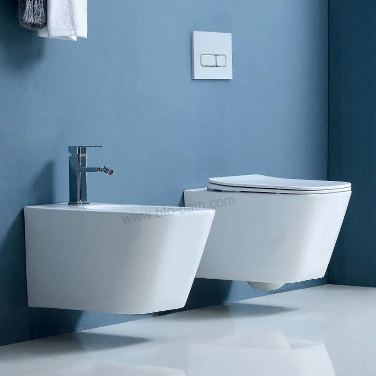 Easy Cleaning Square Design Sanitary Ware montado en pared con pulverizador Juego con conjuntos de WC pared Hung Bidé