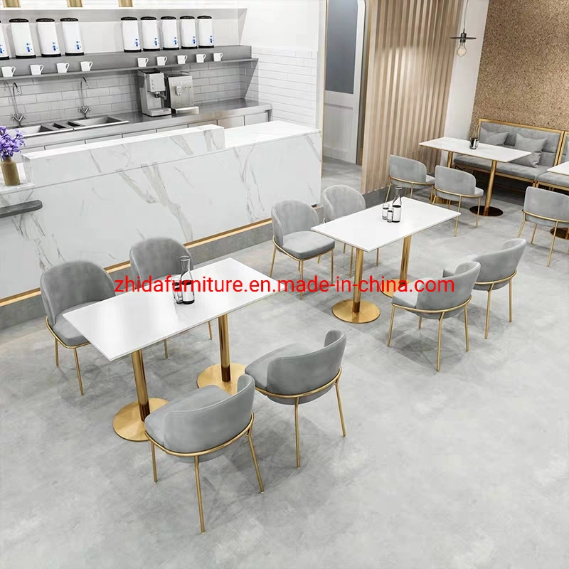 Modern Design Hotel Restaurant Cafe Coffee Shop Furniture Golden Metal Leg Leather Seat Dining Chair Table Set