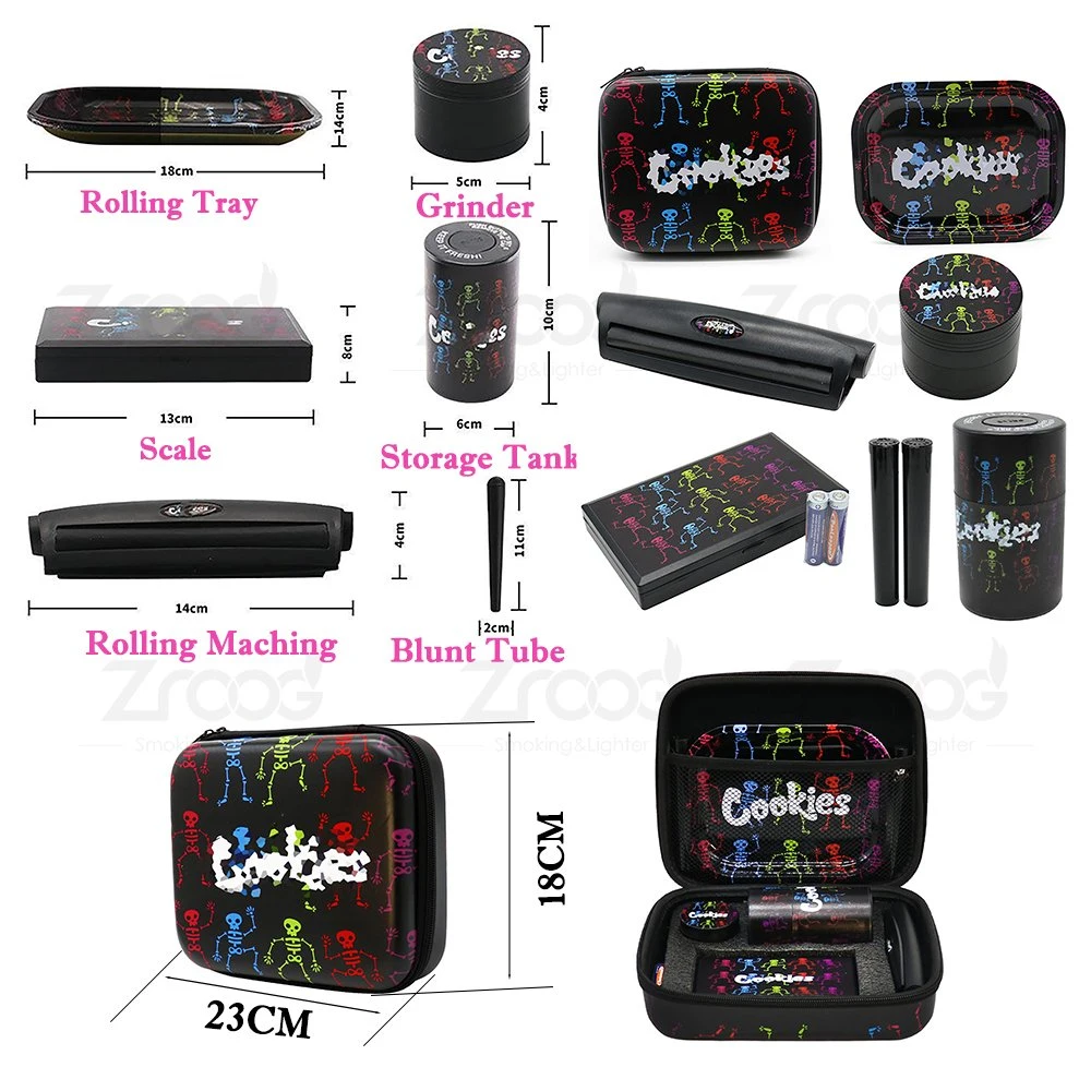 Multi-Designs 6 in 1 Rauchen Kit mit Custom Logo Kraut Mahlwerk Jar Rolling Tray Scale Roller Machine alles in einem Setzen