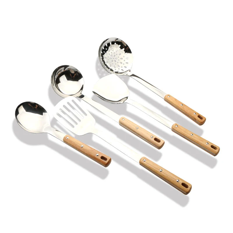 Jeu d'outils de cuisine en bois massif en acier inoxydable Ustensiles de cuisine Les appareils électroménagers et définir avec manche en bois