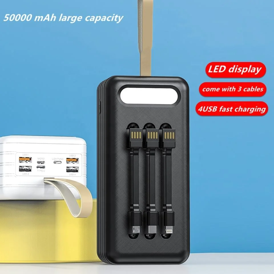 New 50000mAh Powerbank 50000 mAh Come with Triple Cables Large Capacity Phone Charger 4 USB Output Portable Power Bank 50000mAh