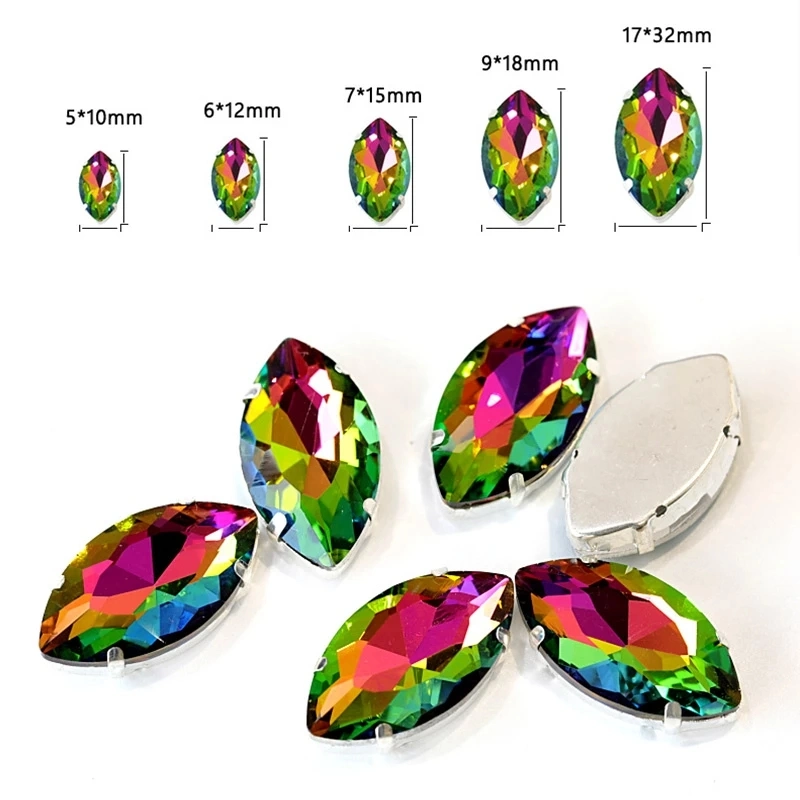 Colorful Horse Eye Sew on Rhinestones with Claw Flatback Crystal Navette Glass Sew on Claw Rhinestones for Garment