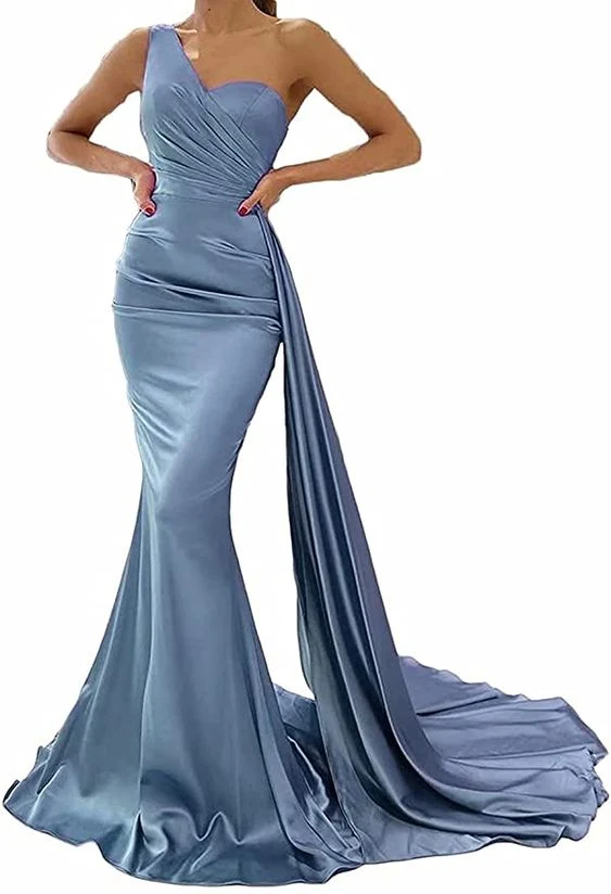 Un hombro Bridemaid vestidos trajes de noche satén Mermaid E2253