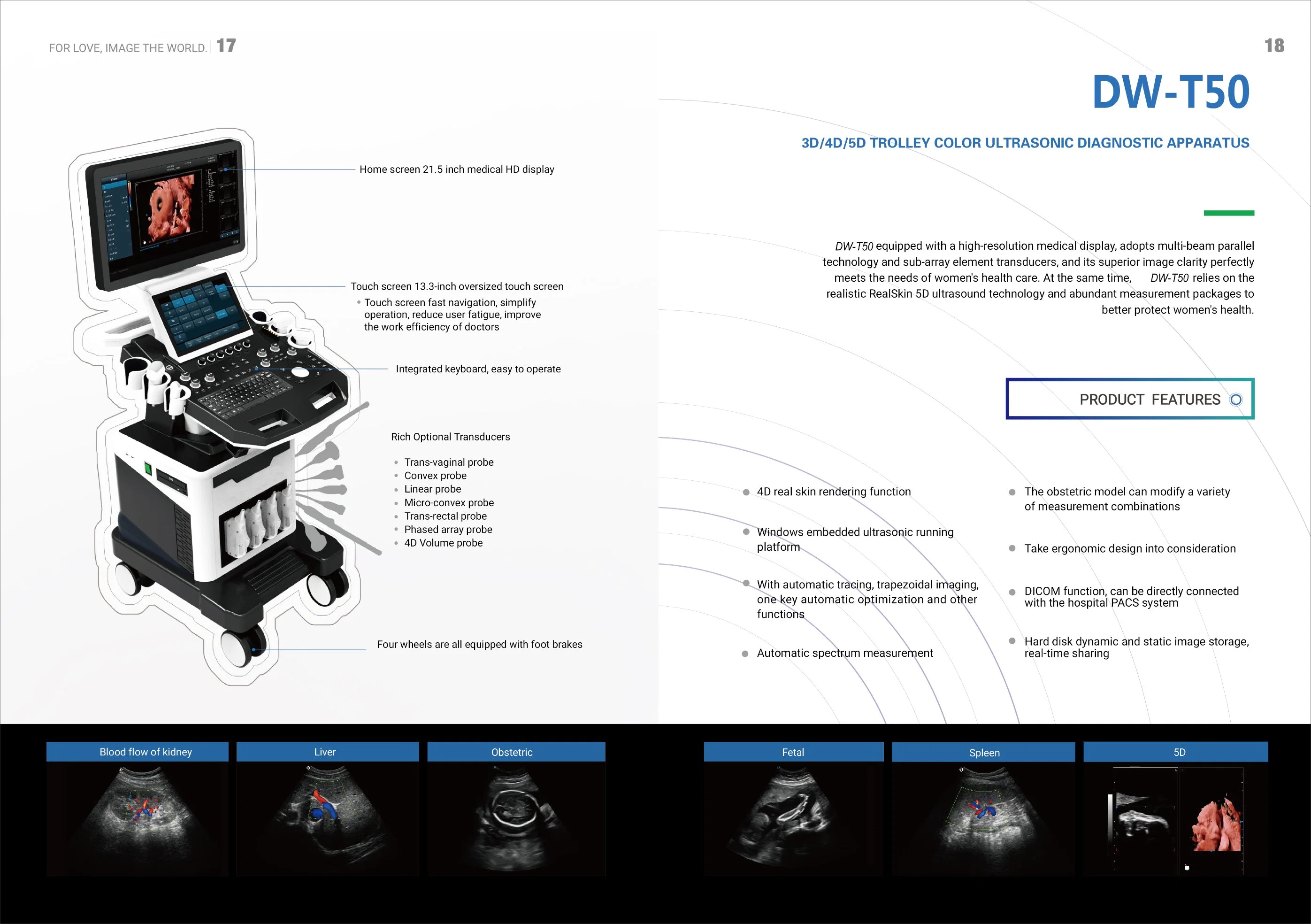 Chariot à ultrasons DW-T50 Dawei 3D/4D/5D avec quatre ports